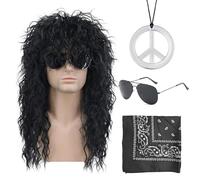 Set da discoteca, 4 pezzi, occhiali da sole, collana Peace, fazzoletto da taschino, gonna anni '70 e 80, stile retrò, abbigliamento hippy, punk (nero)