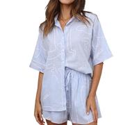 Set da Donna 2 Pezzi Abbigliamento Casual Completi Camicia Maniche Corte con Bottoni T-shirt Maglietta Elegante Shirt Top + Spiaggia Loungewear Pantaloncini da Salotto Sportivo Tute (Blu chiaro, M)