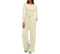 Set da donna 2 pezzi tuta casual a maniche lunghe crop tunica top e coulisse vita alta elastico pantaloni a gamba larga tuta yoga joggers tuta abbigliamento lounge set completo, D-giallo chiaro, L