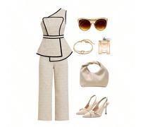 Set da donna a due pezzi, composto da una blusa asimmetrica con spalla asimmetrica in tessuto con texture color albicocca e pantaloni a gamba dritta, outfit estivo da donna, adatto anche come outfit p