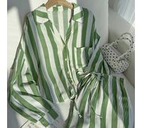 Set da donna a due pezzi, nuovo stile autunnale: top a maniche lunghe con stampa a righe verdi e pantaloncini, abito casual tradizionale, set di abiti bianchi per vacanze al mare 0XL,1XL,2XL,3XL,4XLA 