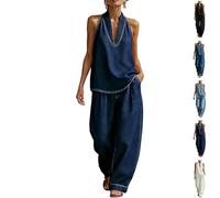 Set da donna alla moda in denim con scollo all'americana e pantaloni a gamba larga a vita alta, abiti coordinati casual da viaggio, blu navy, 3XL