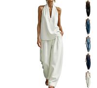 Set da donna alla moda in denim con scollo all'americana e pantaloni a gamba larga a vita alta, abiti coordinati casual da viaggio, bianco, L