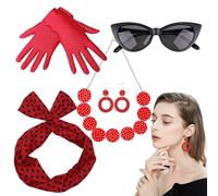 Set da donna anni '50 - Collana con guanti a fascia per occhiali gatto a pois, vestito retrò da discoteca, 5 pezzi per donne e ragazze, feste tra amiche, rosso, Taglia unica