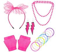 Set da donna anni '80, 5 pezzi accessori in pizzo anni '80, fascia per capelli, orecchini, rete da pesca, guanti, collana, braccialetto, per feste a tema anni '80, 90, feste al neon, carnevale,