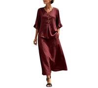 Set da donna casual a due pezzi con gonna a balze e maxi gonna a linea | Top Henley con maniche a tre quarti con dettaglio a bottone e maxi gonna a linea per abbigliamento casual quotidiano