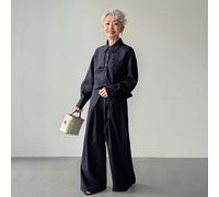 Set da donna composto da camicia a colletto obliquo di colore blu tinta unita e pantaloni casual a gamba dritta ampi, set di 2 pezzi, adatto per primavera/estate L,M,SColore unicoTessuto intrecciato