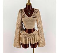 Set da donna composto da maglione corto a maniche lunghe con scollo a V e dettagli traforati, e pantaloncini in maglia con frange, 2 pezzi L,M,S,XL,XS,XXSColore unicoMaglieria