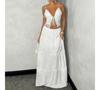 Set da donna composto da top a canottiera con inserti in pizzo e gonna lunga arricciata in vita a vita bassa, in tessuto di lino bianco, adatto per spiaggia, vacanze estive, appuntamenti romantici e u