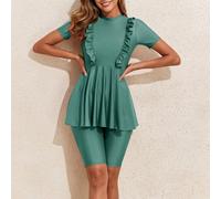 Set da donna estivo per la spiaggia, composto da top con balze e maniche corte (senza ferretto) e pantaloncini ciclisti, nero, due pezzi, adatto per il carnevale L,M,S,XLColore unicoTessuto da costume