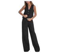 Set da donna in cotone e lino, 2 pezzi, gilet estivo e pantaloni, gilet con bottoni, pantaloni a gamba larga, blazer in cotone e lino, set blazer casual, Nero , M