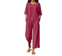 Set da donna in cotone e lino, 2 pezzi, top a maniche corte a tinta unita con scollo rotondo e pantaloni larghi in vita alta con elastico in vita, casual, ampio, per vacanze, viaggi, abbigliamento