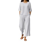 Set da donna in cotone e lino, 2 pezzi, top a maniche corte a tinta unita con scollo rotondo e pantaloni larghi in vita alta con elastico in vita, casual, ampio, per vacanze, viaggi, abbigliamento
