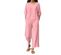 Set da donna in cotone e lino, 2 pezzi, top a maniche corte a tinta unita con scollo rotondo e pantaloni larghi in vita alta con elastico in vita, casual, ampio, per vacanze, viaggi, abbigliamento