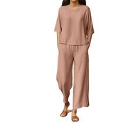 Set da donna in cotone e lino, 2 pezzi, top a maniche corte a tinta unita con scollo rotondo e pantaloni larghi in vita alta con elastico in vita, casual, ampio, per vacanze, viaggi, abbigliamento