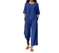 Set da donna in cotone e lino, 2 pezzi, top a maniche corte a tinta unita con scollo rotondo e pantaloni larghi in vita alta con elastico in vita, casual, ampio, per vacanze, viaggi, abbigliamento