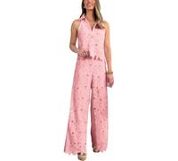 Set da donna in due pezzi con risvolto in pizzo floreale e pantaloni a gamba larga, 2026 estate senza maniche ritagliata scava fuori due pezzi set, rosa, S