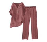Set da donna in due pezzi, elegante mussola, camicia e pantaloni lunghi in lino, set da 2 pezzi, per il tempo libero, per la spiaggia, per l'estate, oro rosa., 5XL