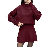 Set da donna in due pezzi: un top a costine a maniche lunghe con collo alto abbinato a una minigonna plissettata; set maglione casual, Borgogna, XL