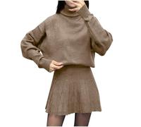 Set da donna in due pezzi: un top a costine a maniche lunghe con collo alto abbinato a una minigonna plissettata; set maglione casual, Marrone, S