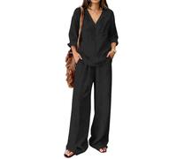 Set da donna in lino, 2 pezzi, top a maniche lunghe con scollo a V e pantaloni a gamba larga, stile casual, bohémien, estivo, per spiaggia e tutti i giorni, Nero , S