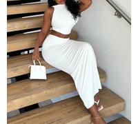 Set da donna in maglia a 2 pezzi, composto da canotta asimmetrica con arricciature sulla spalla e una gonna a matita vita bassa con arricciature, colore bianco, adatto come abito da damigella d'onore,