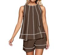 Set da donna in mussola con camicetta e pantaloni, elegante, 2 pezzi, camicetta in lino, pantaloni estivi, tuta da jogging, canottiera, pantaloni in lino, camicia e pantaloncini, leggera, 2 pezzi, O