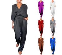 Set da donna in raso con scollo a V e pantaloni lunghi, chic ed elegante, 2 pezzi con maniche a 3/4 + pantaloni cargo multitasche, abito estivo da donna, abbigliamento da casa, all'aperto, Nero , L