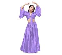 Set da donna in raso per danza del ventre, gonna a cerchio completo e top con volant, set S76, viola medio, M