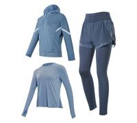 Set da donna in tre pezzi, abbigliamento da yoga in 3 pezzi, materiale traspirante in poliestere spandex, con pantaloncini a vita alta, pantaloni lunghi, giacca con cappuccio, taglia XXL