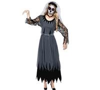 Set da donna per Halloween con vestito nero, vestito da sposa cadavere sanguigno per adulti, velo, fascia per Halloween, costume da sposa zombie morto, da donna, per Halloween, feste in maschera (S)