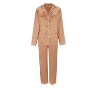 Set da donna per la famiglia, a maniche lunghe, top, pantaloni, camicia, pantaloni, tasche, pigiama da donna in cotone termico, Oro rosa, S