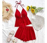 Set da donna per vacanze, 2 pezzi, top canotta rosso con scollo a V e legami, shorts molto corti e svolazzanti, adatto per appuntamenti, feste, vacanze in città L,M,S,XSColore unicoTessuto