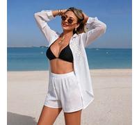 Set da donna per vacanze estive al mare, stile europeo & americano, design di moda casual, camicia con colletto rialzato, nera, effetto snellente, con ricamo, maniche lunghe e pantaloncini da spiaggia