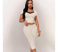 Set da donna sexy con top a maniche corte in pizzo patchwork 2 in 1 + leggings capri con spacco, versatile e adatto a tutto, per uscite casual quotidiane, shopping, incontri, vacanze, spiaggia, appunt