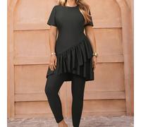 Set da donna taglia comoda composto da top a maniche corte con volant all'orlo e pantaloni lunghi, completo burkini in tinta unita per il Medio Oriente 0XL,1XL,2XL,3XL,4XLColore unicoTessuto in maglia