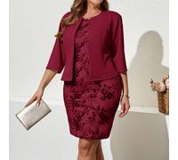 Set da donna taglie forti composto da giacca aperta color tinta unita a 3/4 maniche e abito elegante con decorazioni floreali e paillettes, 2 pezzi 0XL,1XL,2XL,3XL,4XLstampa dappertuttoPaillettes,Tess