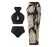 Set da donna taglie forti con top nero con incrocio e scollo all'americana traforato e slip bikini a vita alta, con gonna lunga in rete con motivo, elegante abbigliamento estivo da spiaggia 0XL,1XL,2X