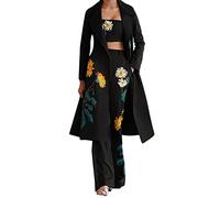 Set da Donna Tute da Stampa Floreale con Cappotto Lungo+Gilet Corto+Pantaloni Lunghi Outfit 3 Pezzi Tuta retrò Completo Vacanza Causal,Nero,L
