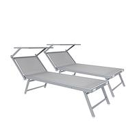 Set Da Due Lettini Prendisole Professionale Pieghevole In Alluminio Tettino Parasole Tettuccio Orientabile Sdraio Lettino Prendi Sole 182 x 60 x 38 cm Mare Spiaggia Piscina Giardino (Grigio)