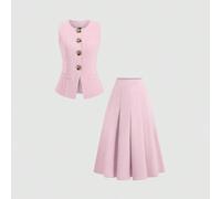 Set da due pezzi composto da un gilet senza maniche da donna con grandi bottoni in metallo e una gonna lunga casual, adatto per la primavera/estate L,M,S,XSColore unicoPoliestere