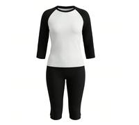 Set da due pezzi da donna casual con maglietta a girocollo color block e pantaloni capri, outfit autunnale elegante nero L,M,S,XL,XXLBlocchi di colore,LettereTessuto in maglia
