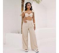 Set da due pezzi da donna composto da top corto con spalline a fiocco, fascia a cuore sul petto e pantaloni a zampa larga, in tessuto strutturato, adatto per spiaggia, vacanze e primavera/estate L,M,S