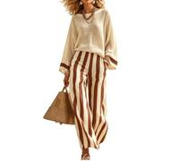 Set da due pezzi da donna con top a maniche lunghe e pantaloni a gamba larga a righe | set autunnale da donna 2 pezzi con tasche vestito da gita adatto per autunno, vacanze, Marrone, XXL
