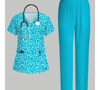 Set da due pezzi da donna con top da lavoro a maniche corte con scollo a V, tasca, design con spacco e asola per l'orecchio, motivo a pois a forma di cuore color verde acqua, pantaloni a gamba dritta 