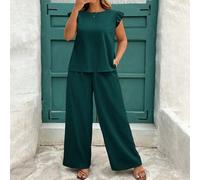 Set da due pezzi da donna per primavera/estate: blusa con maniche a palloncino a volant color cachi + pantaloni con vita elastica a zampa d'elefante, outfit elegante per tutti i giorni in taglie comod