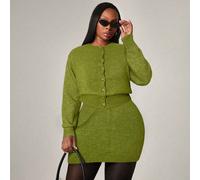 Set da due pezzi da donna taglie forti, elegante cardigan a collo tondo aderente e gonna abbinata, adatto per stile urban, sexy, da ufficio, crociera, pendolarismo, business 1XL,2XL,3XLColore unicoMag