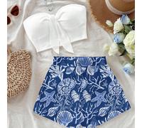 Set da due pezzi di top a fascia e pantaloncini con stampa di conchiglie e oceano blu, stile casual da villeggiatura, adatto per l estate e la spiaggia L,M,S,XSColore unico,Piante,stampa dappertuttoTe