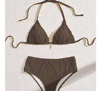 Set da due pezzi per donne taglia comoda, in tessuto con texture a tinta unita, top a triangolo con laccetti e decorazione pendente, costume da bagno bikini casual da vacanza, bikini marrone, vacanza,