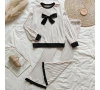 Set da due pezzi per ragazze pre-adolescenti, con felpa a maniche lunghe a collo tondo con decorazione fiocco a blocchi di colore e pantaloni a vita alta a zampa d'elefante, adatto per l'autunno e l'i